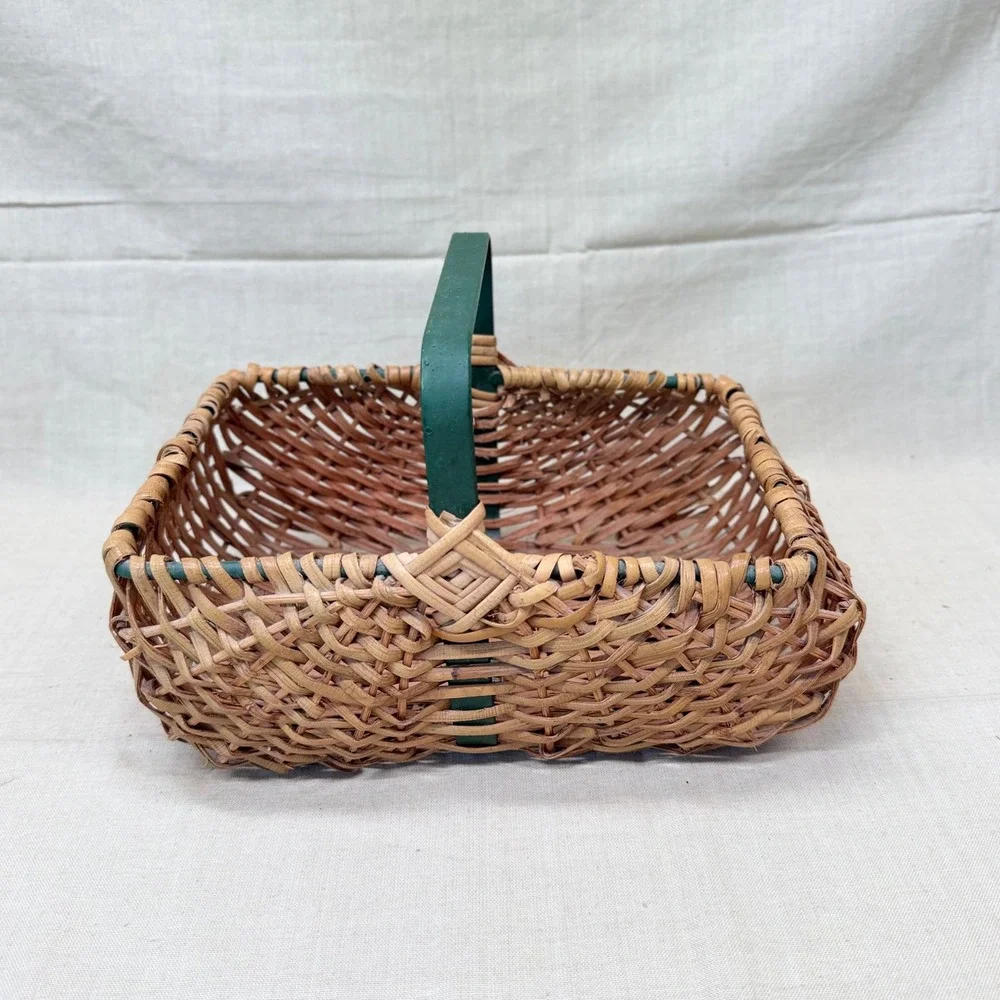 Vintage Wicker Gathering Basket Green Handle Cottage Decor Organizer 1970s
